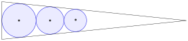 Three circles stacked with a greedy algorithm, maximizing their area in the same triangle.