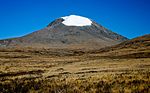 A prominent mountain with snow on top