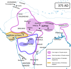 Shtrirja e përafërt e territoreve të Gupta's (vjollcë) në vitin 375 të es.