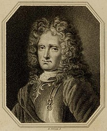 An engraved portrait in an octagonal frame of Hamilton as a young man with long curly hair or such a wig, wearing a breast-plate