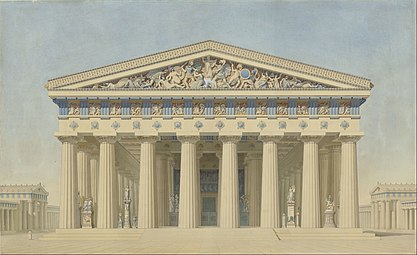 19th century illustration of the main facade of the Ancient Greek Temple T at Selinunte, Sicily, Italy, showing how all the ancient Doric buildings were polychromatic, by Jacques Ignace Hittorff, before 1859