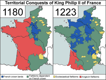 The Kingdom of France at the beginning at end of Philip II's reign, with the Royal Domain shown in blue