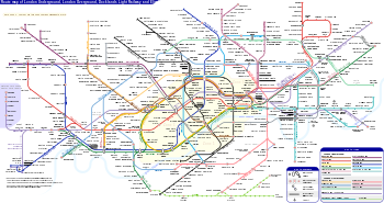 A drawing of variously coloured, irregularly winding London Underground, Overground and railway lines intersecting each other at points signifying stations, indicated with white dots outlined in black