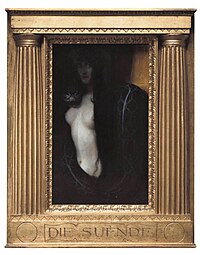 Neoclassical Doric columns on the frame of Die Sünde, painted by Franz Stuck, 1893, gilt wood and oil on canvas