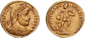 Solidus, obverse showing Julian as philosopher, reverse symbolizing the strength of the Roman army