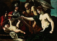 Allegory with Venus, Mars, Cupid and Time (ca. 1625): in the unique interpretation of Guercino, winged Time points an accusing finger at baby Cupid, held in a net that evokes the snare in which Venus and Mars were caught by her betrayed husband Vulcan.[79]