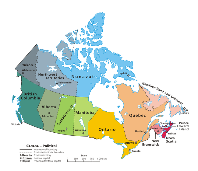 Kanada je rozčlenená na 10 provincií a 3 spolkové teritóriá