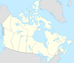 Mapa konturowa Kanady, na dole po prawej znajduje się punkt z opisem „Baie-Comeau”