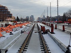 Early track construction at Traders Boulevard / Aldridge Street in December 2022