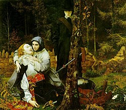 Алегория на Английската революция от Уилям Шекспир Бъртън. Ранен рицар лежи на земята, а пуритан в черно стои на заден план.