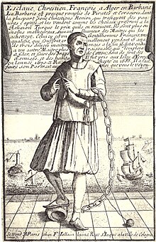 A man chained at the ankle holding a sewing needle, 2 ships at sea to his bottom right and left, French text above and behind him