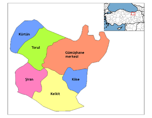 Mapa dos distritos da província de Gümüşhane