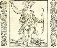 1618 edition of Cesare Ripa's emblem book Iconologia, with severed head between her feet.