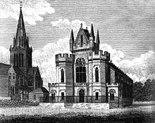 Drawing of a large stone building with prominent towers and pinnacles and long narrow windows. A separate building to the right has a tall pointed steeple.