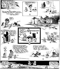 Cartoon page of Ignatz Mouse resolves not to throw any more bricks at Krazy.