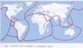 מפת העולם, שעליה איור גבולות הלוחות הטקטוניים העיקריים