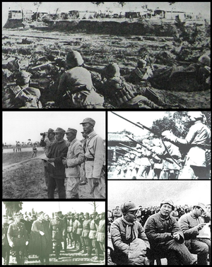 Сверху вниз по часовой стрелке: Солдаты НОАК во время обороны Сыпина (1946); Мусульманские воины НРА; Мао Цзэдун (1930-е годы); Чан Кайши инспектирует части НРА; Су Юй (второй слева), наблюдающий за ходом битвы при Мэнлянгу (1947)