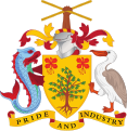 Coat of arms of Barbados with Sugar Canes held saltirewise.