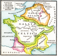 Gallië in die tydperk van Caesar (58 v.C.), verdeel in die provinsies Gallia Belgica, Gallia Celtica, Aquitania, Gallia Narbonensis (destyds 'n Romeinse provinsie) en Gallia cisalpina.