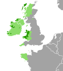 Repartiția limbilor celtice în zilele noastre: majoritare (în verde închis), minoritare (în verde deschis)