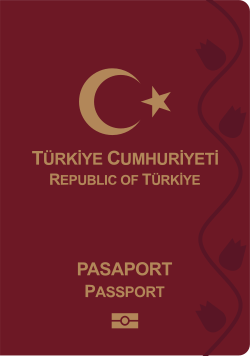 cover of Turkish passport (maroon with gold letters)