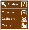 Motorway junction ahead leading to a town or geographical area containing several tourist attractions and a Tourist Information Point or Centre