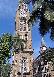 A clock tower amid trees and a playground