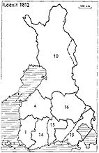 1812 1: Åbo e Björneborg, 4: Vasa, 10: Uleåborg, 13: Viborg, 14: Nyland e Tavastehus, 15: Kymmenegård, 16: Savolax e Karelen