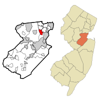 Map of Fords CDP in Middlesex County. Inset: Location of Middlesex County in New Jersey.