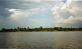 View of the lake near the water palace Neermahal.