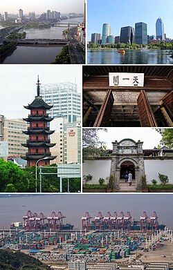 Searah jarum jam dari atas: Pemandangan kota, Lapangan Tianyi, Tianyi Chamber, Pelabuhan Ningbo, Hangzhou Bay Bridge, dan Pagoda Tianfeng