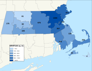 Distribuição de NRHPs nos condados de Massachusetts