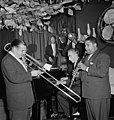 Art Hodes new band at the "Ole South" lines up with (left to right) George Luggi on trombone, Pops Foster on bass, Henry Goodwin on trumpet, Hodes on piano, Cecil Scott on clarinet and drummer Baby Dodds, is hidden