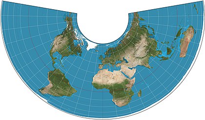 Mapa do mundo, paralelos padrões 20°N e 50°N.