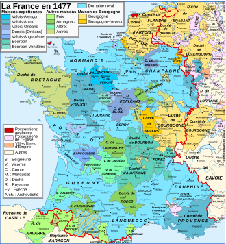 Carte figurant avec de nombreuses couleurs le découpage politique du royaume