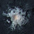 Enhanced color closeup of Cerealia Facula in center of crater