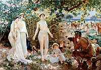 El Juicio de Paris của Enrique Simonet, c. 1904. Paris đang nghiên cứu Aphrodite, người khỏa thân đứng trước mặt anh. Hai nữ thần khác đang quan sát gần đó.