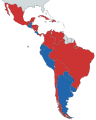 Image 18In blue countries under right-wing governments and in red countries under left-wing and centre-left governments as of 2023 (from History of Latin America)