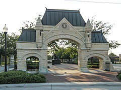 Current view of the Gate. Firefighters memorial in the center background