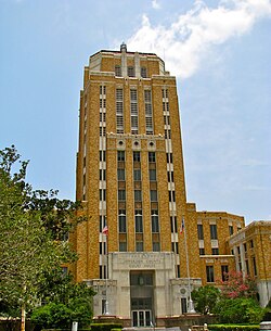 The Jefferson County Courthouse in Beaumont. The آرت دکو-style building was added to the National Register of Historic Places on June 17, 1982. The top five floors once served as the County Jail.