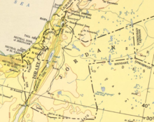 A 1955 map showing Jordan with the West Bank included in national borders. Jordan's western border with Israel in this map was negotiated as part of the 1949 Armistice Agreements.