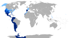      Țări unde spaniola are statut de limbă oficială      State ale SUA, provincii ale Canadei și țări unde spaniola nu are statut oficial dar este vorbită de 25% sau mai mult din populație      State ale SUA, provincii ale Canadei și țări unde spaniola nu are statut oficial dar este vorbită de 10–20% din populație      State ale SUA, provincii ale Canadei și țări unde spaniola nu are statut oficial dar este vorbită de 5–9% din populație      Țări sau regiuni unde sunt vorbite limbi creole de origine spaniolă, cu sau fără recunoaștere oficială