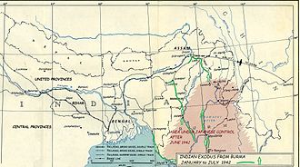 A line-drawing map of India and Burma, with arrows showing the escape routes of civilians during the Japanese invasion.