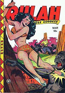 A Golden Age comic book cover showing, in the foreground, a woman in a giraffe-print bikini swinging on a vine and kicking a gorilla. In the background, a man is tied to a post, surrounded by more gorillas.