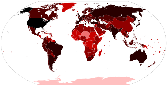 Map of the COVID-19 outbreak   100,000+ confirmed cases   10,000–99,999 confirmed cases   1,000–9,999 confirmed cases   100–999 confirmed cases   10–99 confirmed cases   1–9 confirmed cases   No confirmed cases, no population, or no data available