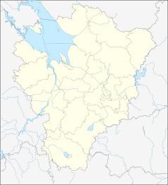 Mapa konturowa obwodu jarosławskiego, blisko centrum na prawo znajduje się punkt z opisem „Jarosław”