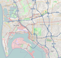 Mapa konturowa San Diego, blisko centrum na dole znajduje się punkt z opisem „San Diego”