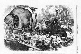 An 1874 cartoon by Thomas Nast, featuring the first notable appearance of the Republican elephant[179]