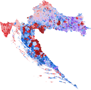 First round results by settlement, shaded according to winning candidate's percentage of the vote.