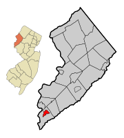 Location of Alpha in Warren County highlighted in red (right). Inset map: Location of Warren County in New Jersey highlighted in orange (left).